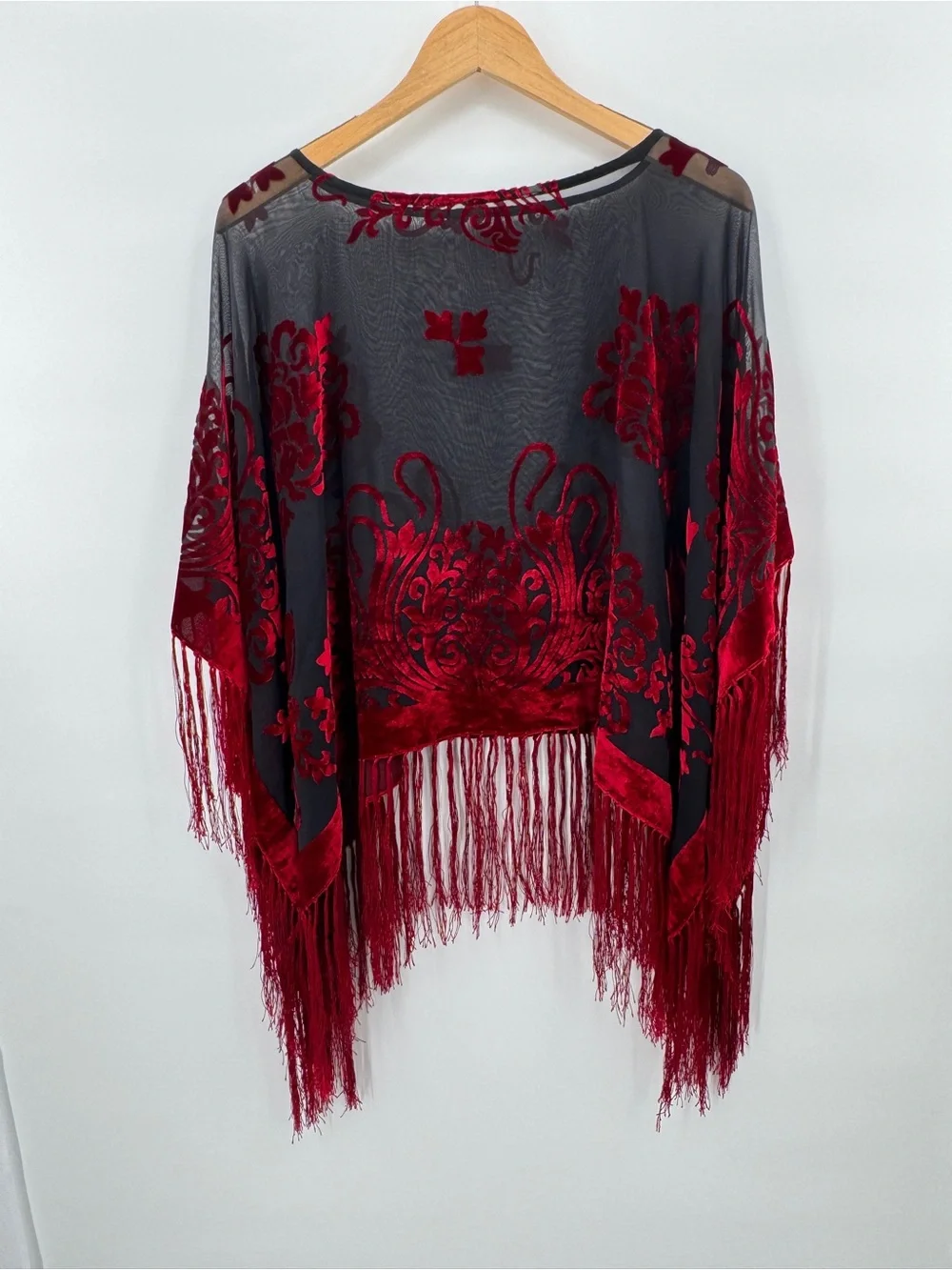 Whimsigoth Burnout Velvet Fringe Trim Poncho Fairy Goth Boho Hippie Black & Red